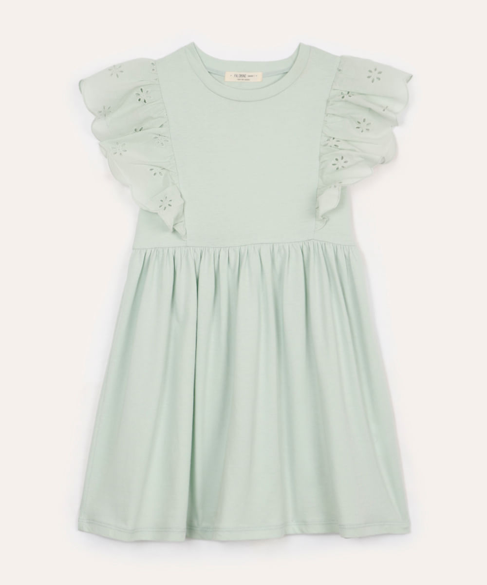 vestido de algodão infantil manga com babados verde