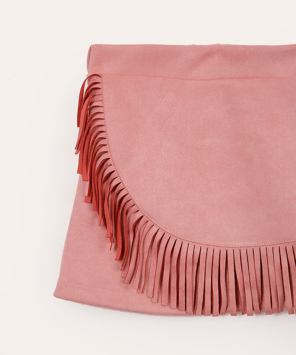 saia curta de suede infantil com franjas rosa