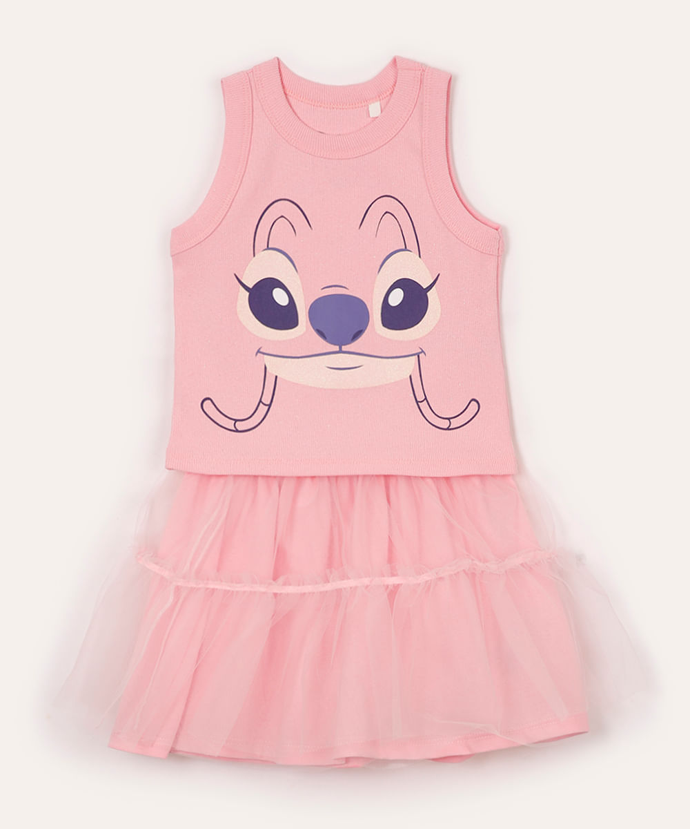 conjunto infantil saia de tule angel rosa