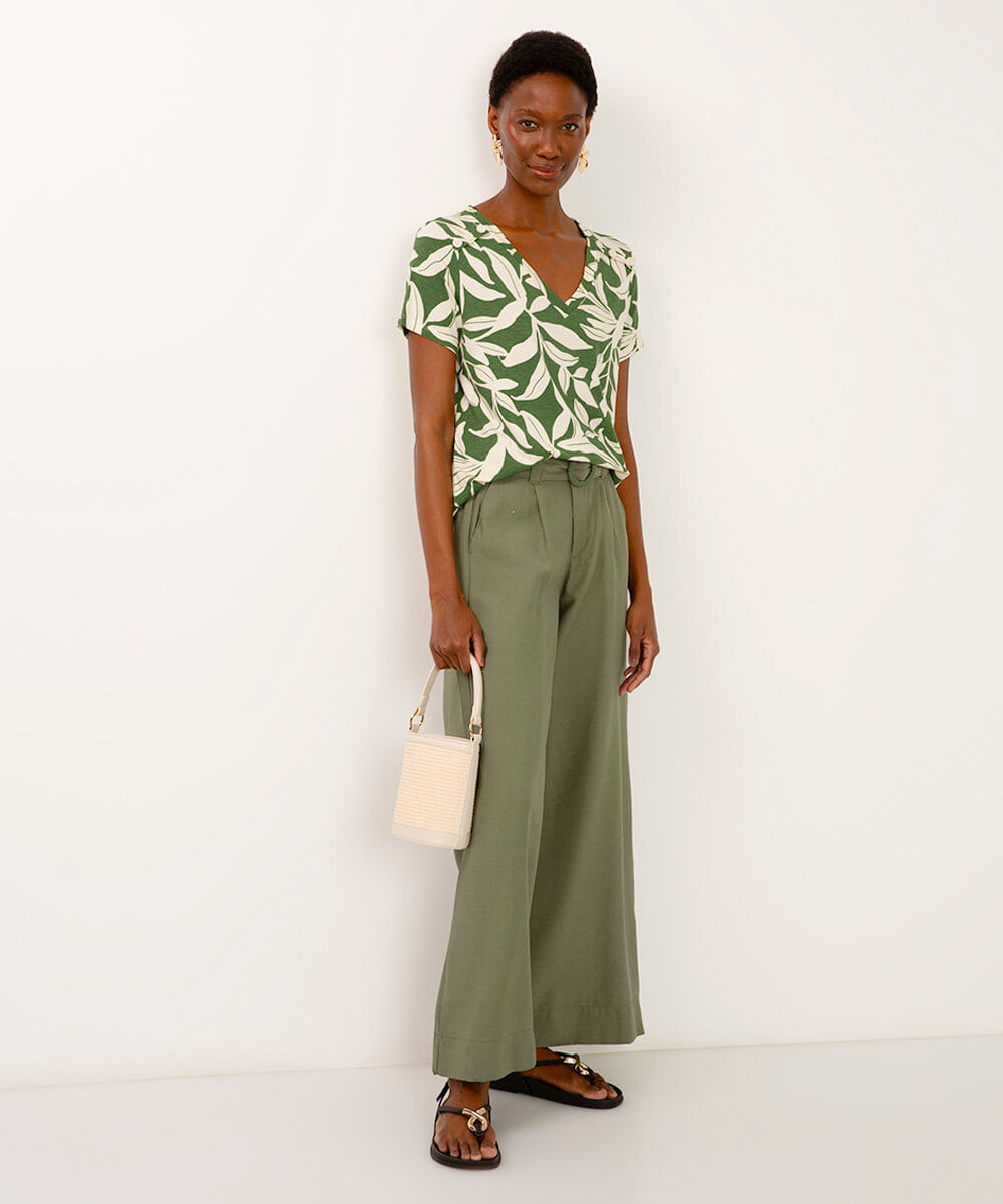 blusa de viscose decote v com botões folhagem verde