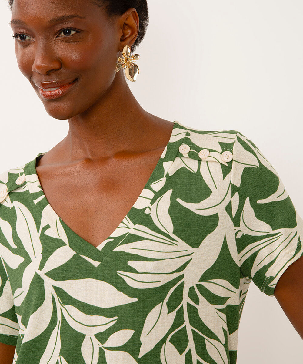 blusa de viscose decote v com botões folhagem verde