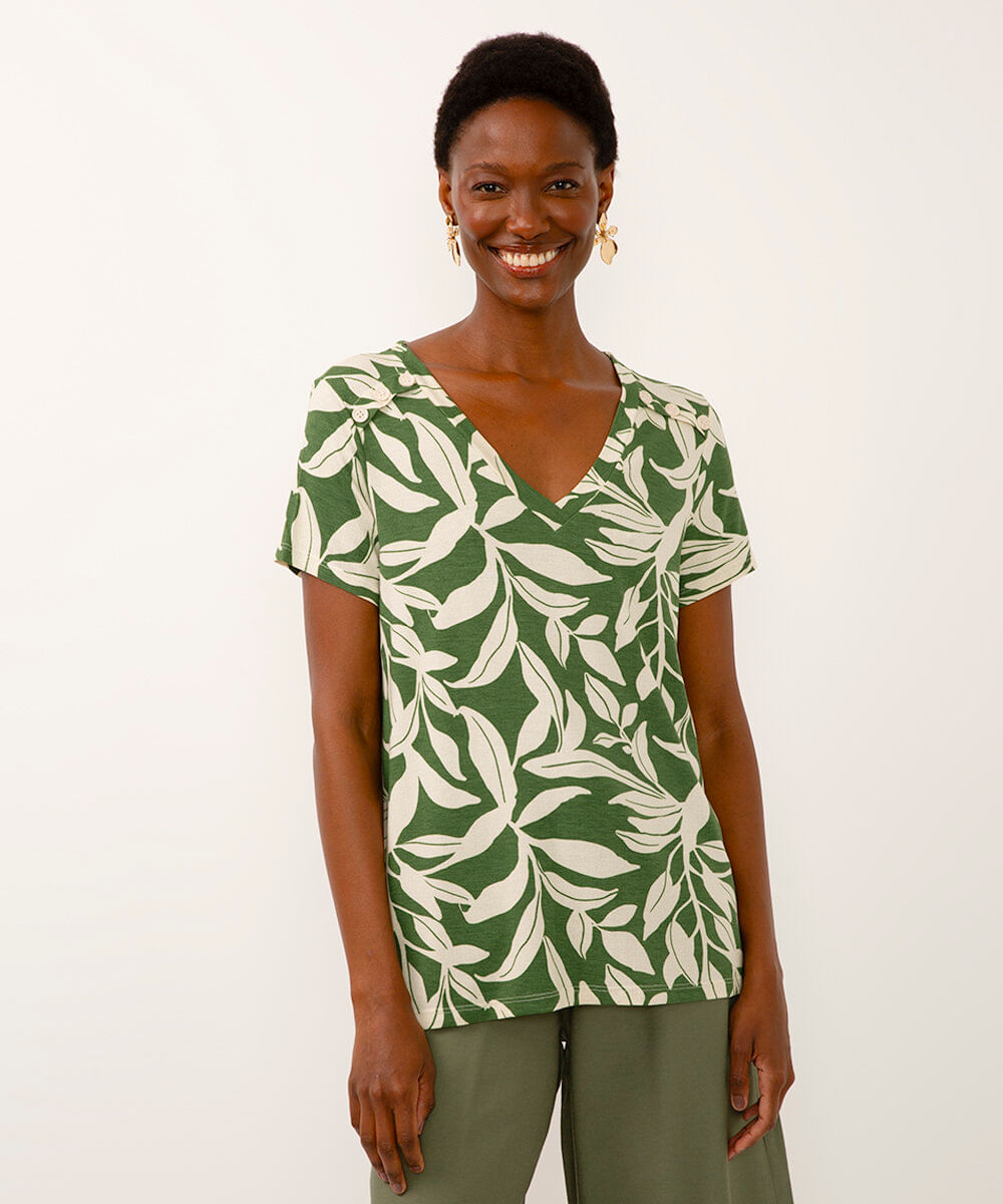 blusa de viscose decote v com botões folhagem verde