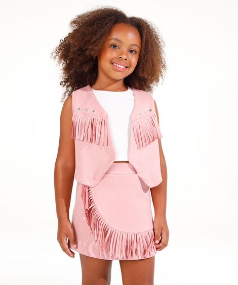 colete de suede infantil com franjas rosa