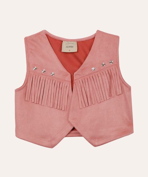 colete de suede infantil com franjas rosa