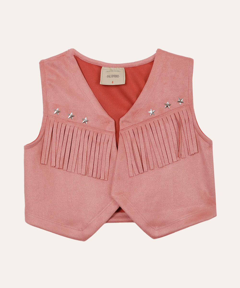 colete de suede infantil com franjas rosa