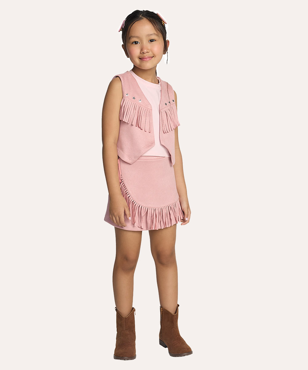 colete de suede infantil com franjas rosa