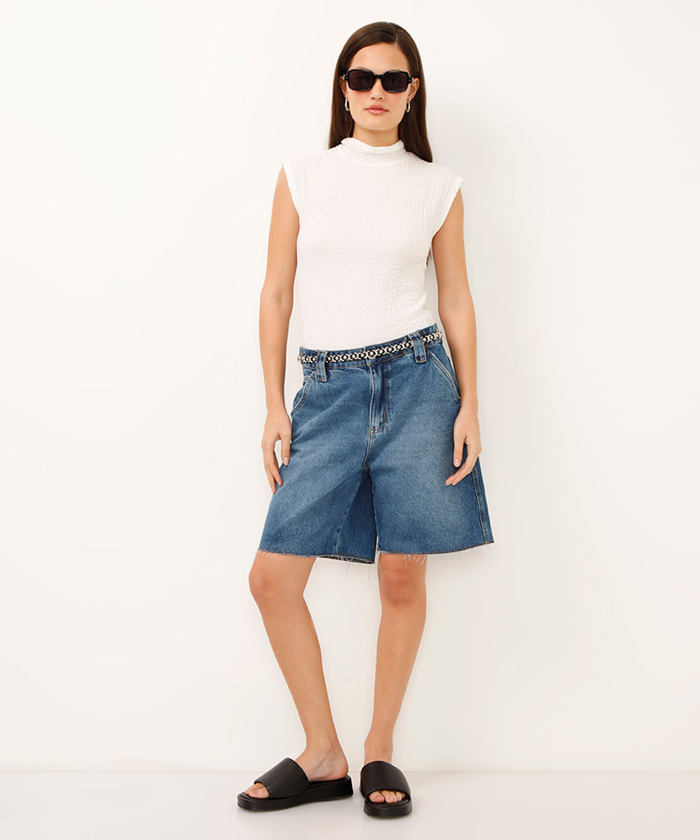 blusa gola alta manga japonesa texturizada off white