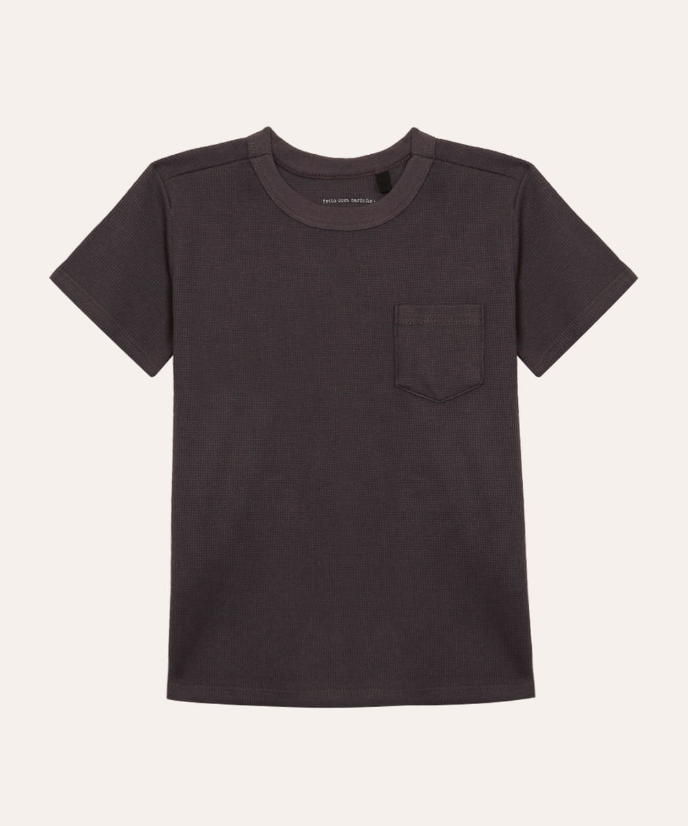 camiseta de algodão infantil com bolso cinza