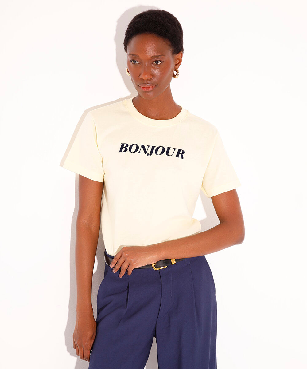 camiseta de algodão manga curta bonjour mindset amarela