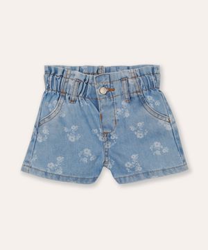 short clochard jeans infantil cós com elástico floral azul