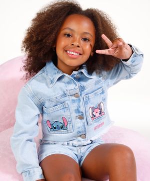 jaqueta jeans infantil stitch e angel azul