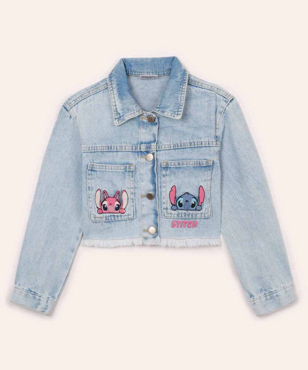 jaqueta jeans infantil stitch e angel azul