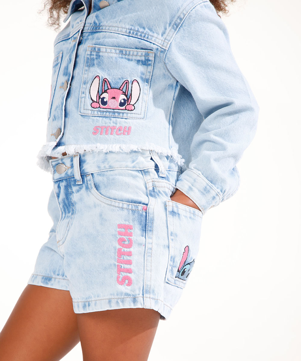 jaqueta jeans infantil stitch e angel azul