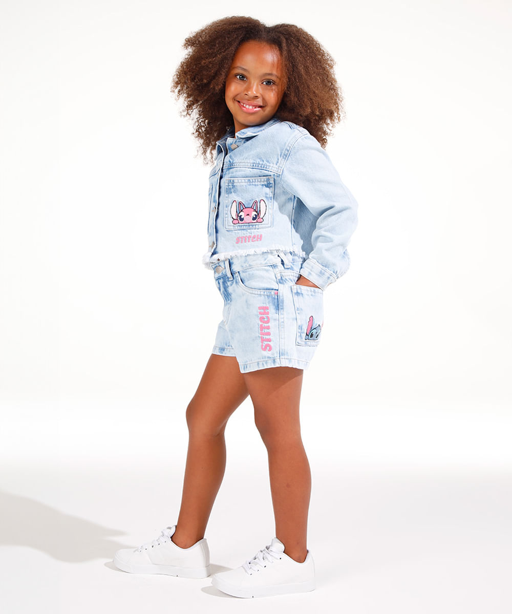 jaqueta jeans infantil stitch e angel azul