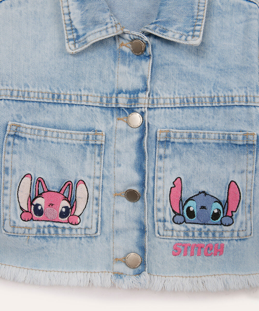 jaqueta jeans infantil stitch e angel azul