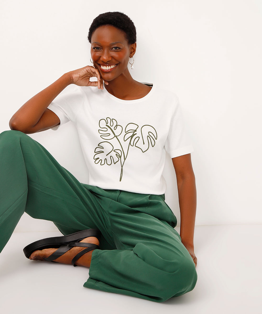 camiseta de algodão folhagem bordada off white