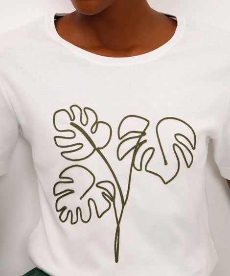camiseta de algodão folhagem bordada off white