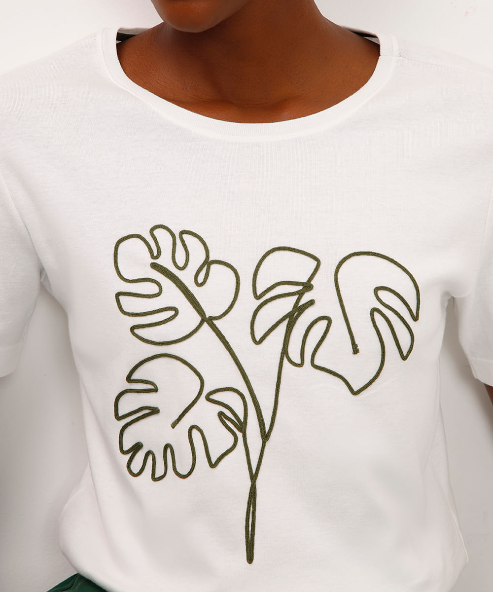 camiseta de algodão folhagem bordada off white