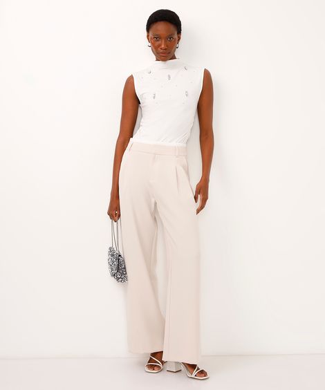 calça wide leg de alfaiataria com pregas bege