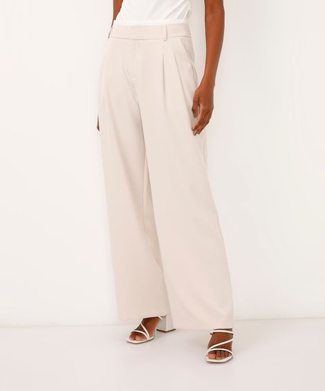calça wide leg de alfaiataria com pregas bege