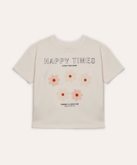 camiseta de algodão infantil manga curta floral off white