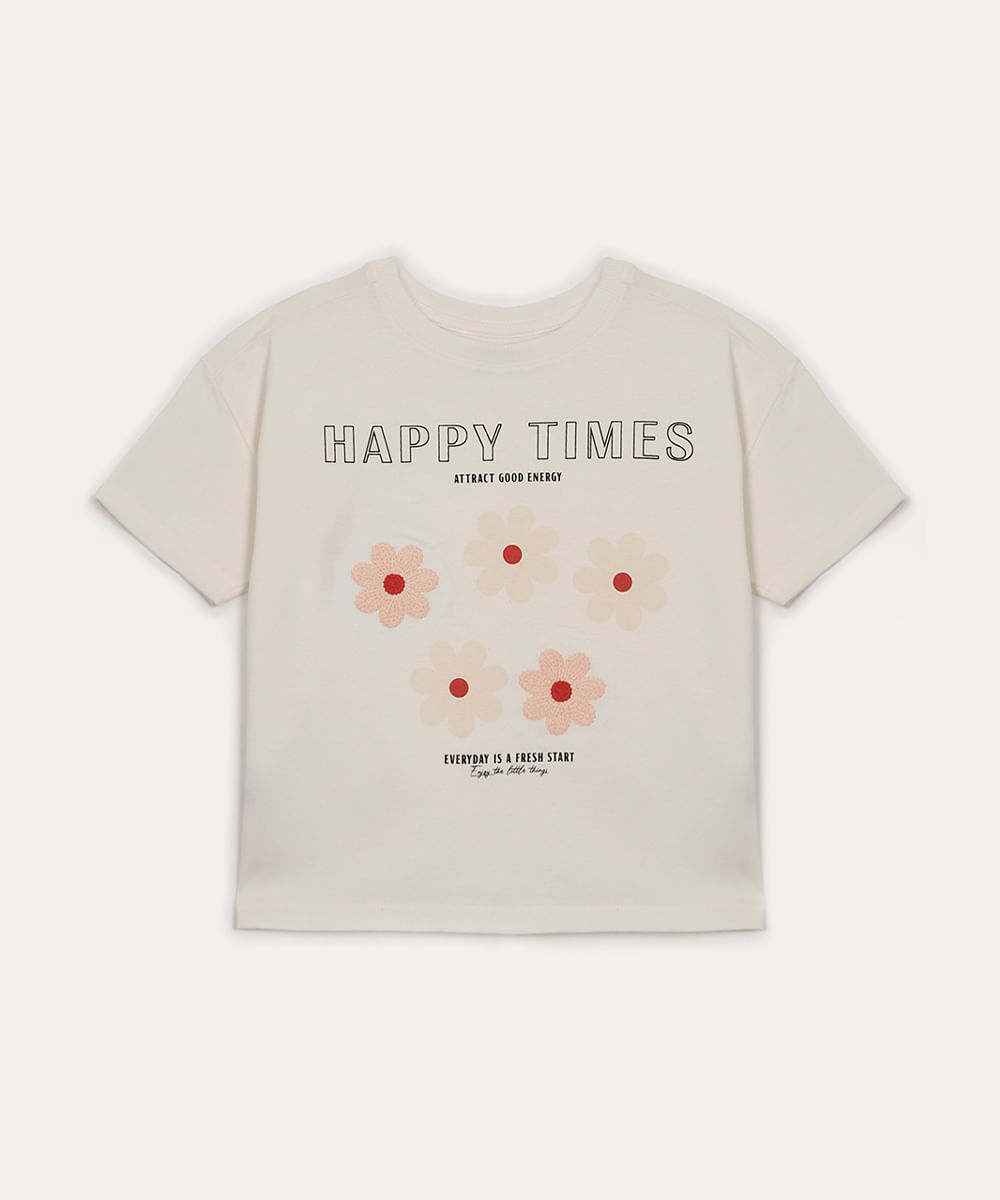 camiseta de algodão infantil manga curta floral off white