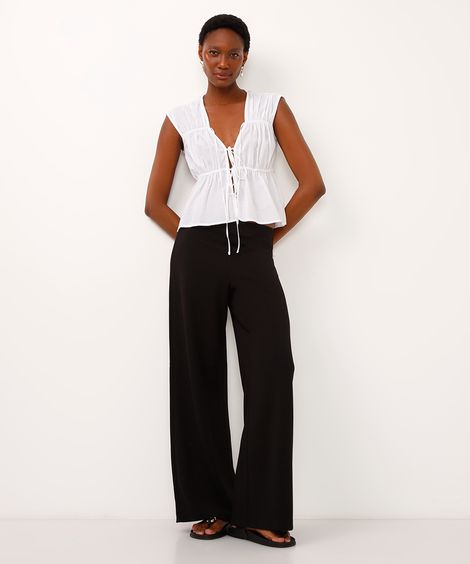 calça wide leg de alfaiataria cós com elástico preta