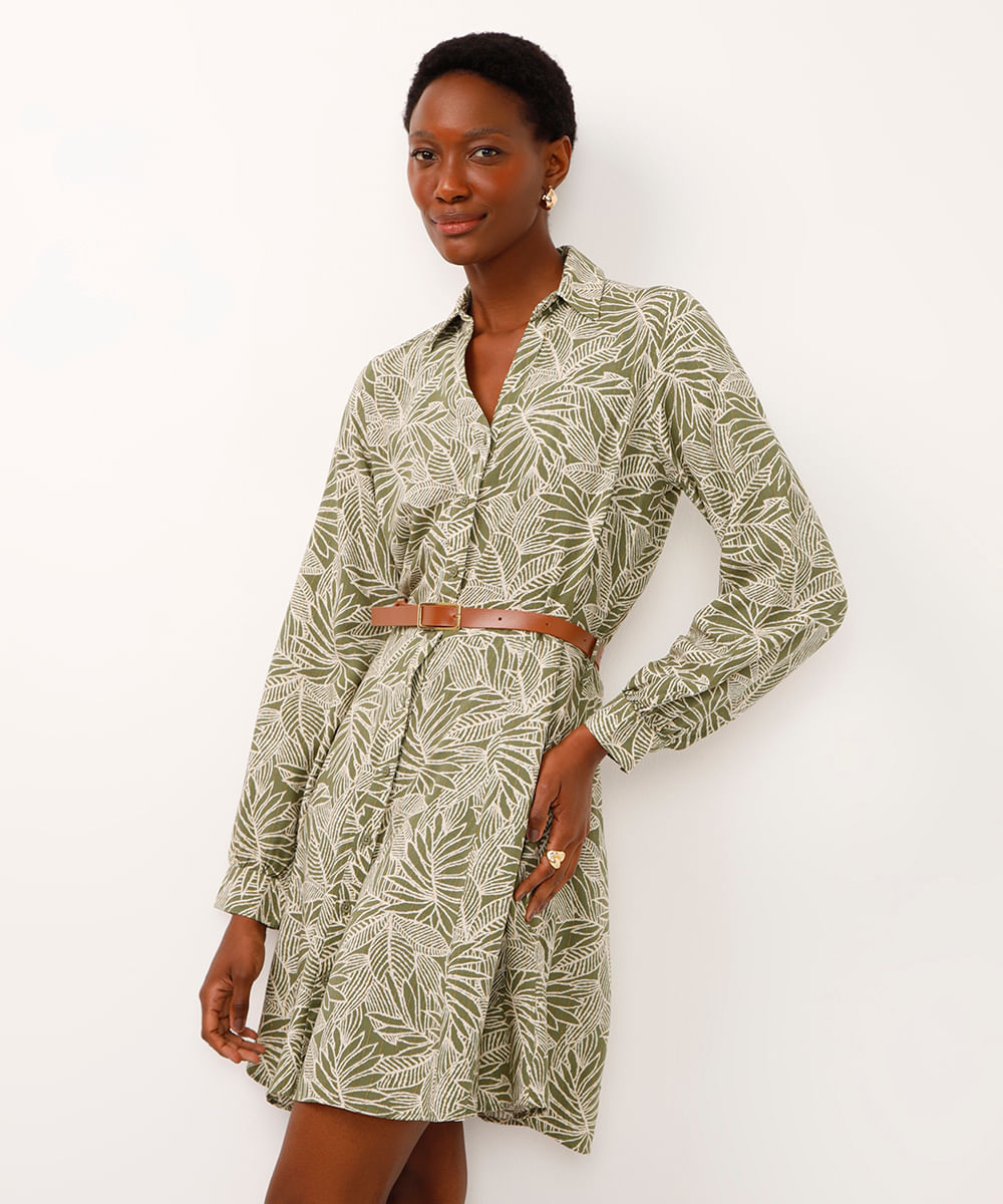 chemise curto de viscose com cinto folhagem verde