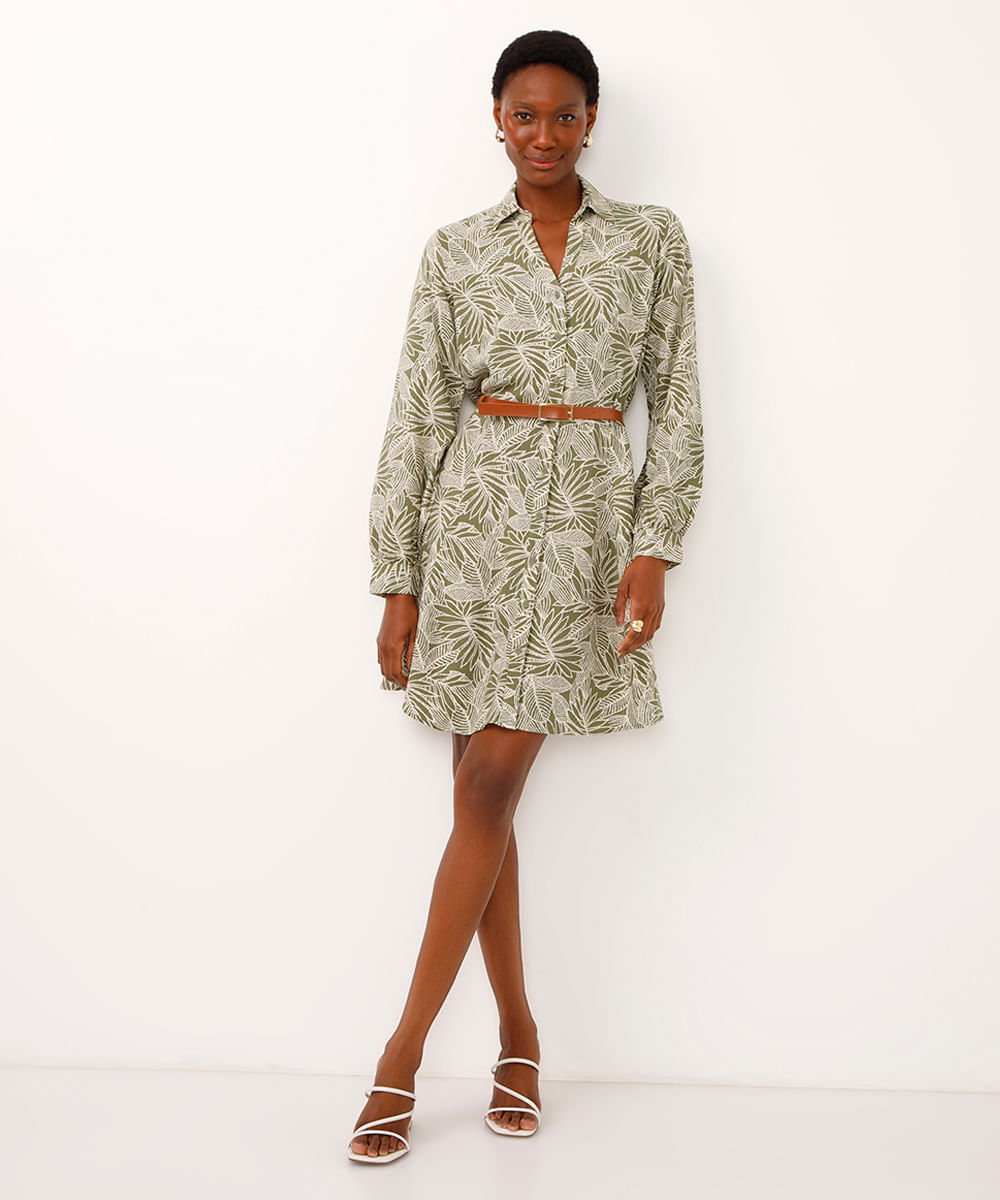 chemise curto de viscose com cinto folhagem verde