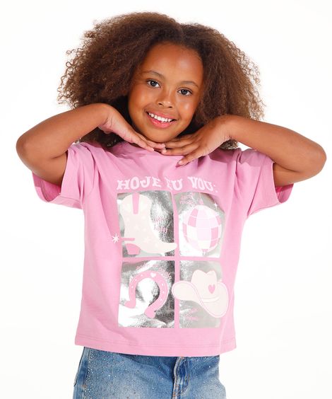 camiseta de algodão infantil metalizada rosa