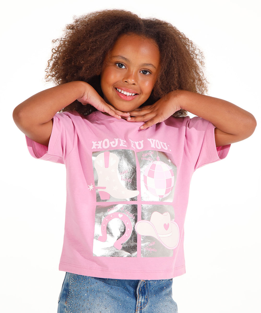 camiseta de algodão infantil metalizada rosa