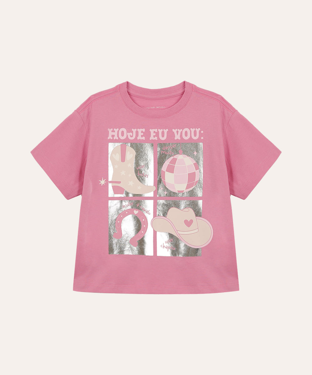 camiseta de algodão infantil metalizada rosa