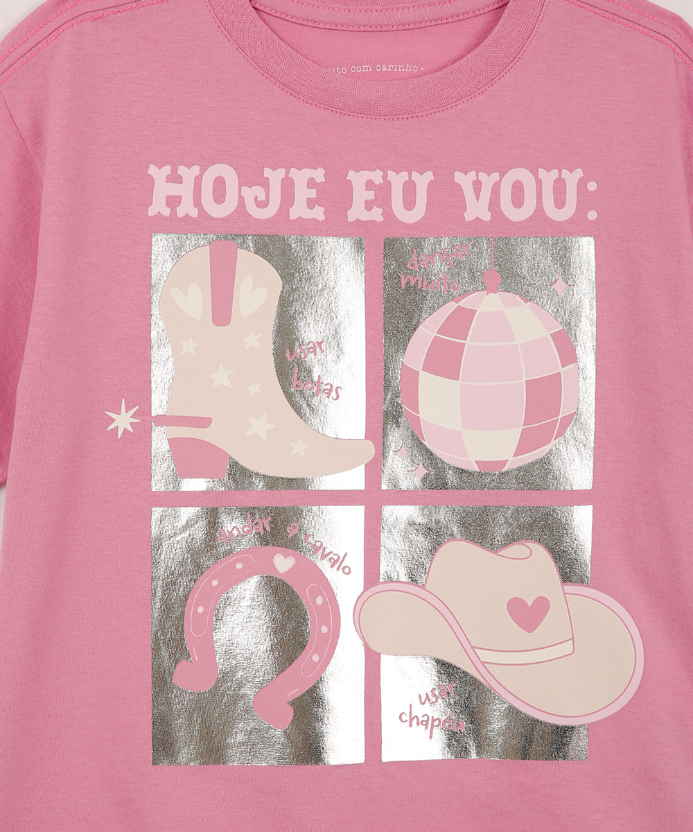 camiseta de algodão infantil metalizada rosa
