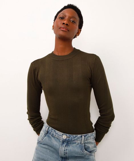 suéter básico de tricot canelado - verde militar