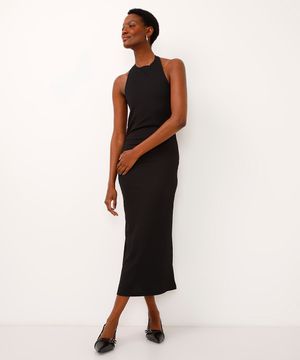 vestido midi halterneck texturizado preto