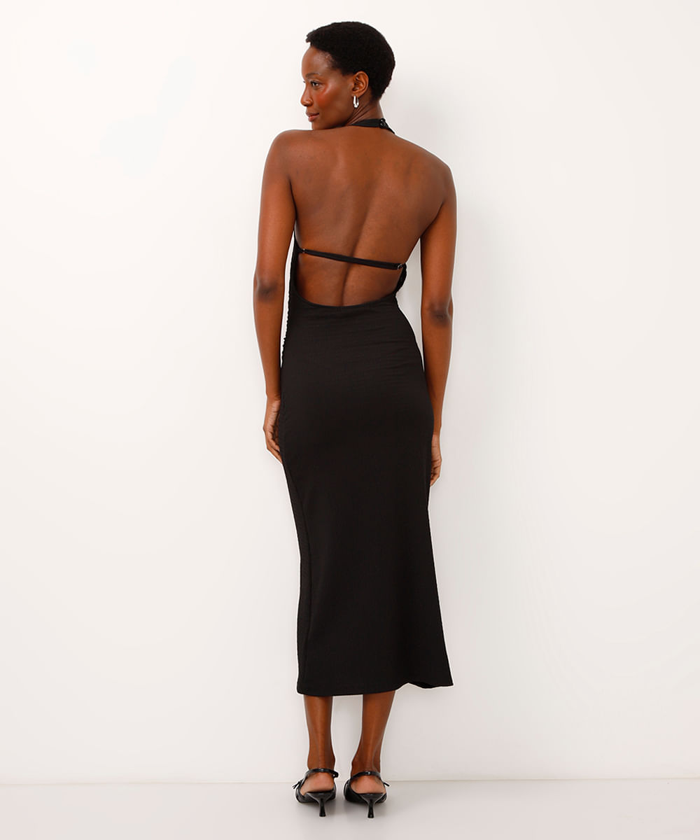 vestido midi halterneck texturizado preto