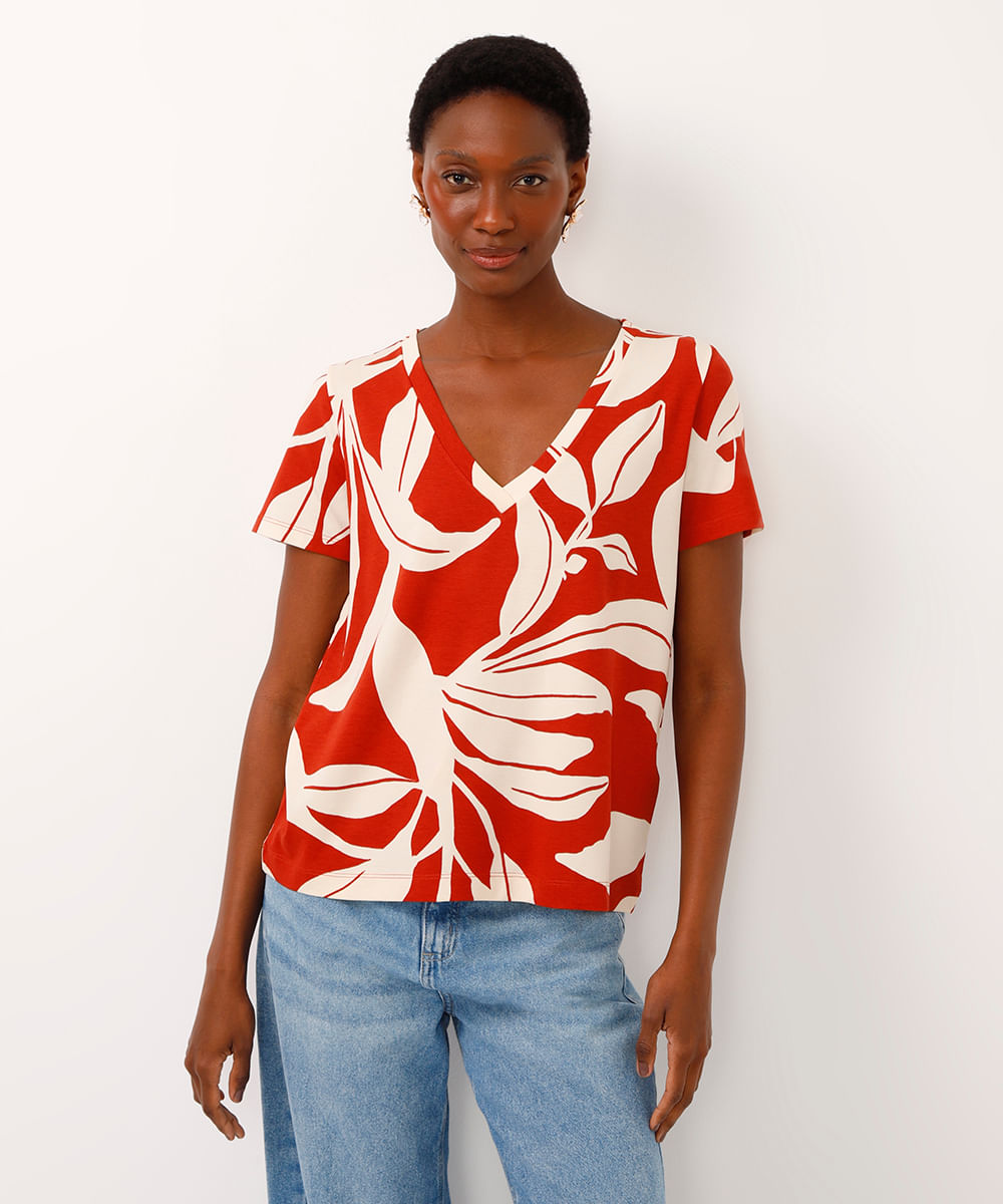 blusa de viscose decote v folhagem laranja