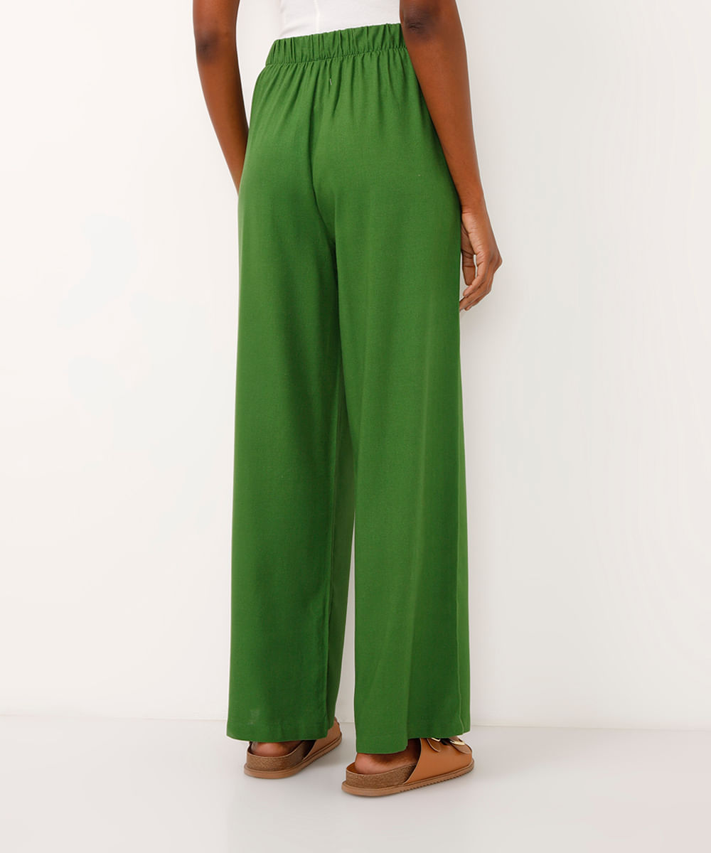 calça wide leg com linho e pregas verde