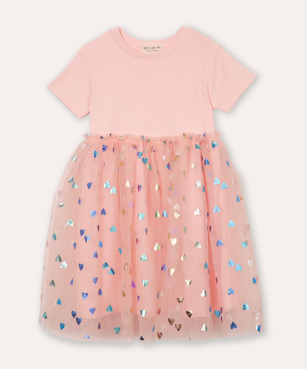 vestido de algodão infantil com tule e brilho rosa