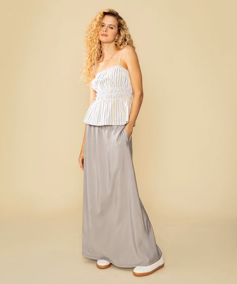 saia midi estilo pijama cós com elástico cinza