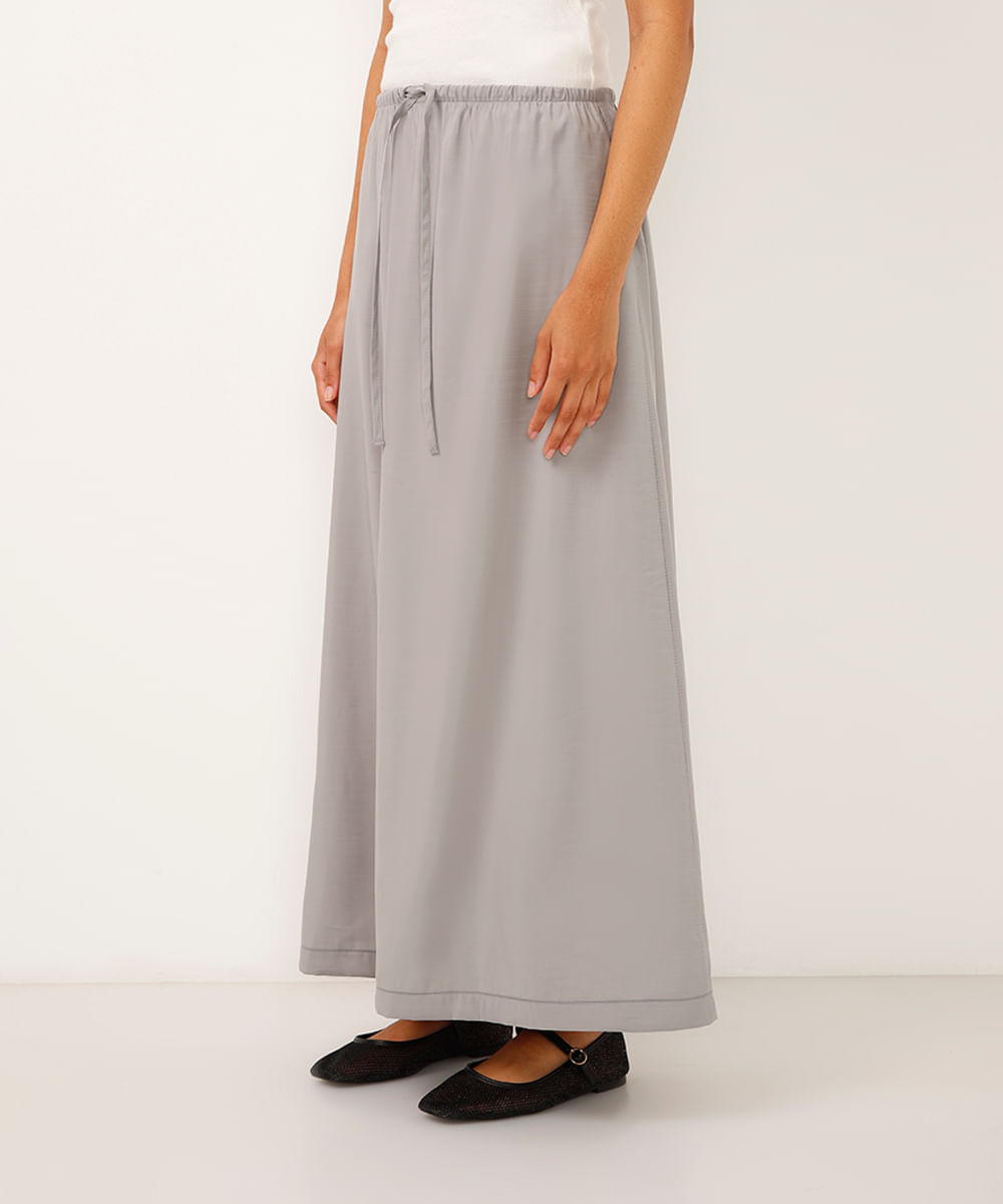 saia midi estilo pijama cós com elástico cinza