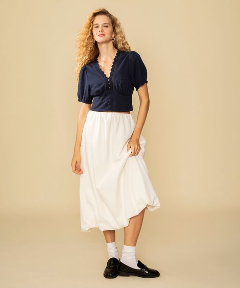 saia midi de sarja balonê cintura alta off white