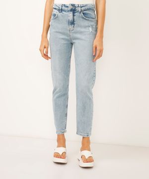 calça mom jeans cintura alta destroyed azul