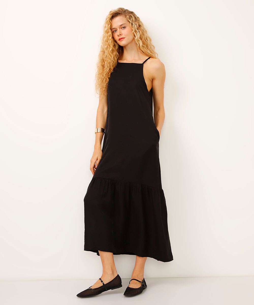 vestido midi de viscose halterneck preto