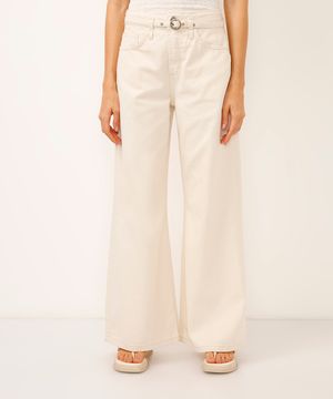 calça wide leg de sarja com cinto off white