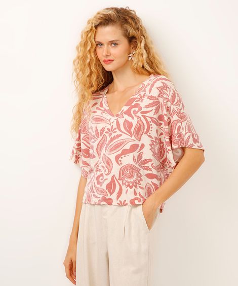 blusa de viscose decote v arabesco bege