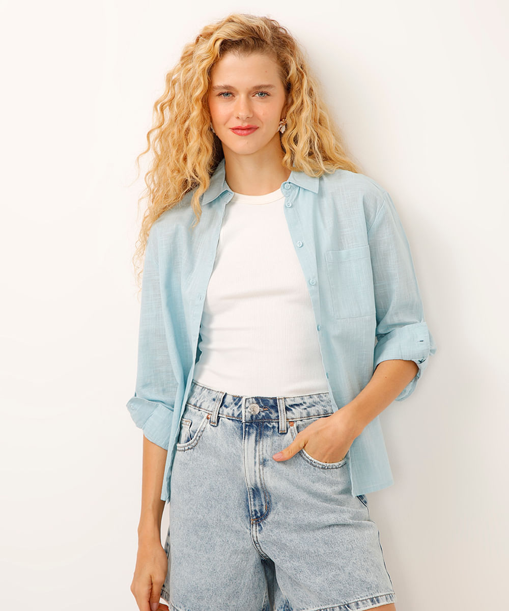 camisa alongada de algodão manga longa azul