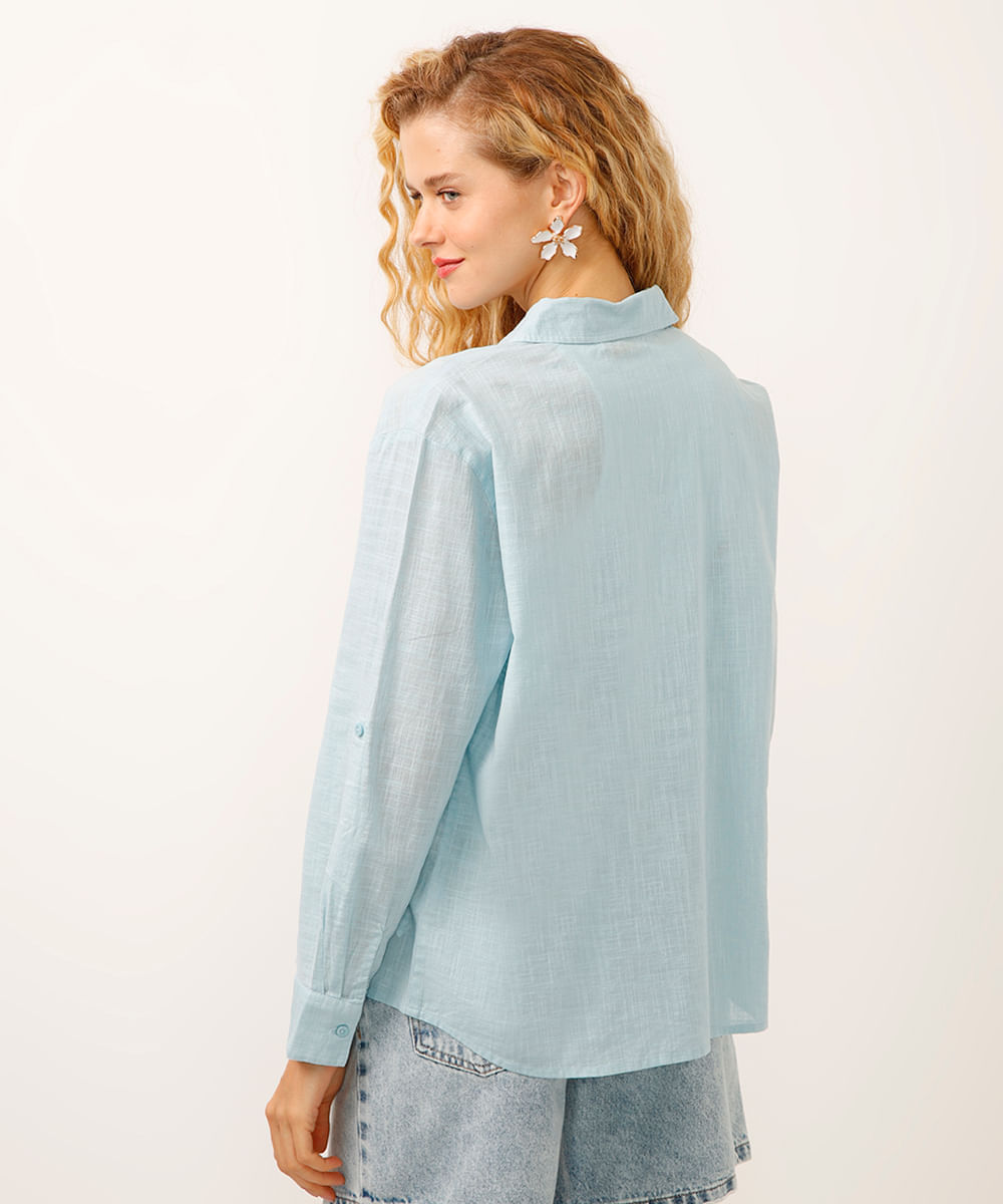camisa alongada de algodão manga longa azul