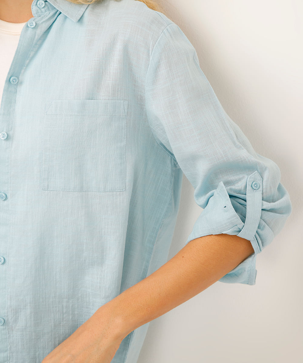 camisa alongada de algodão manga longa azul