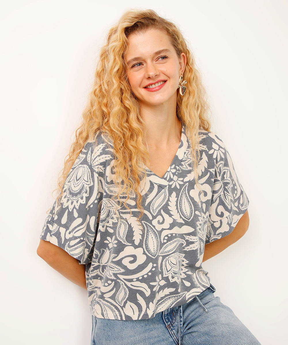 blusa de viscose decote v arabesco azul